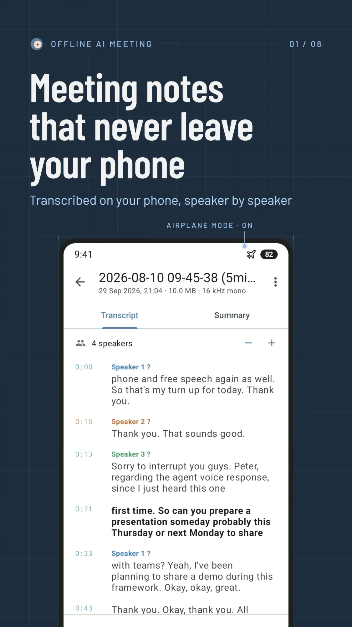 Meeting notes that never leave your phone: a transcript labelled by speaker
