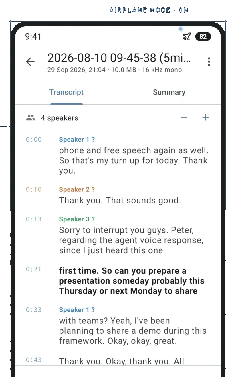 A meeting transcript with each line labelled by speaker, shown with airplane mode on
