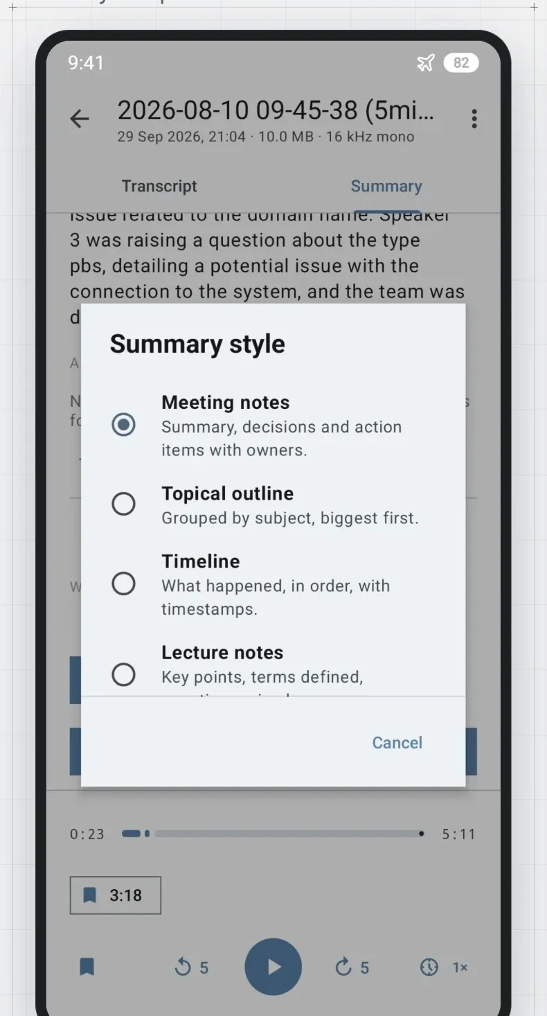 Choosing a summary style: meeting notes, topical outline, timeline or lecture notes