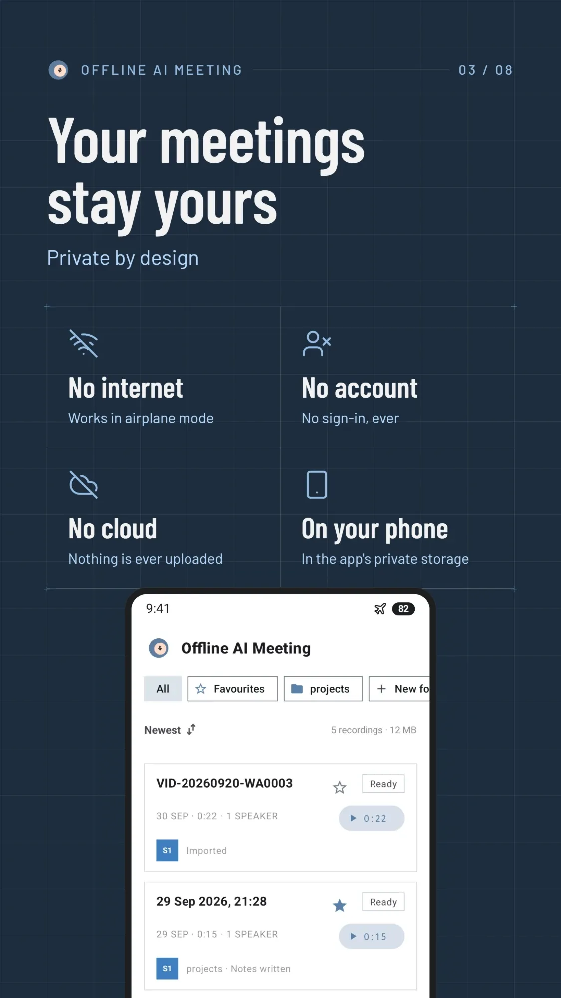 Your meetings stay yours: no internet, no account, no cloud