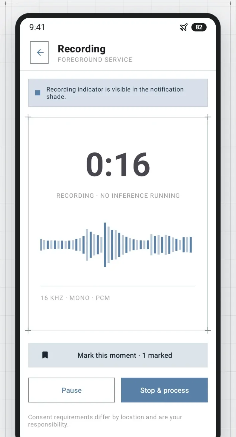 The recording screen with a live waveform and a marked moment